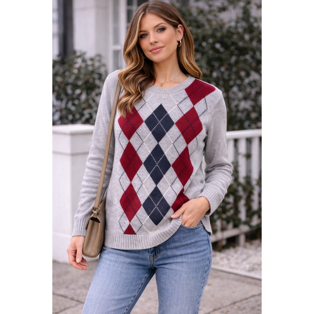 SilverLake Womens Argyle V-Neck Sweater Grey Red Black Knit Pullover Size M